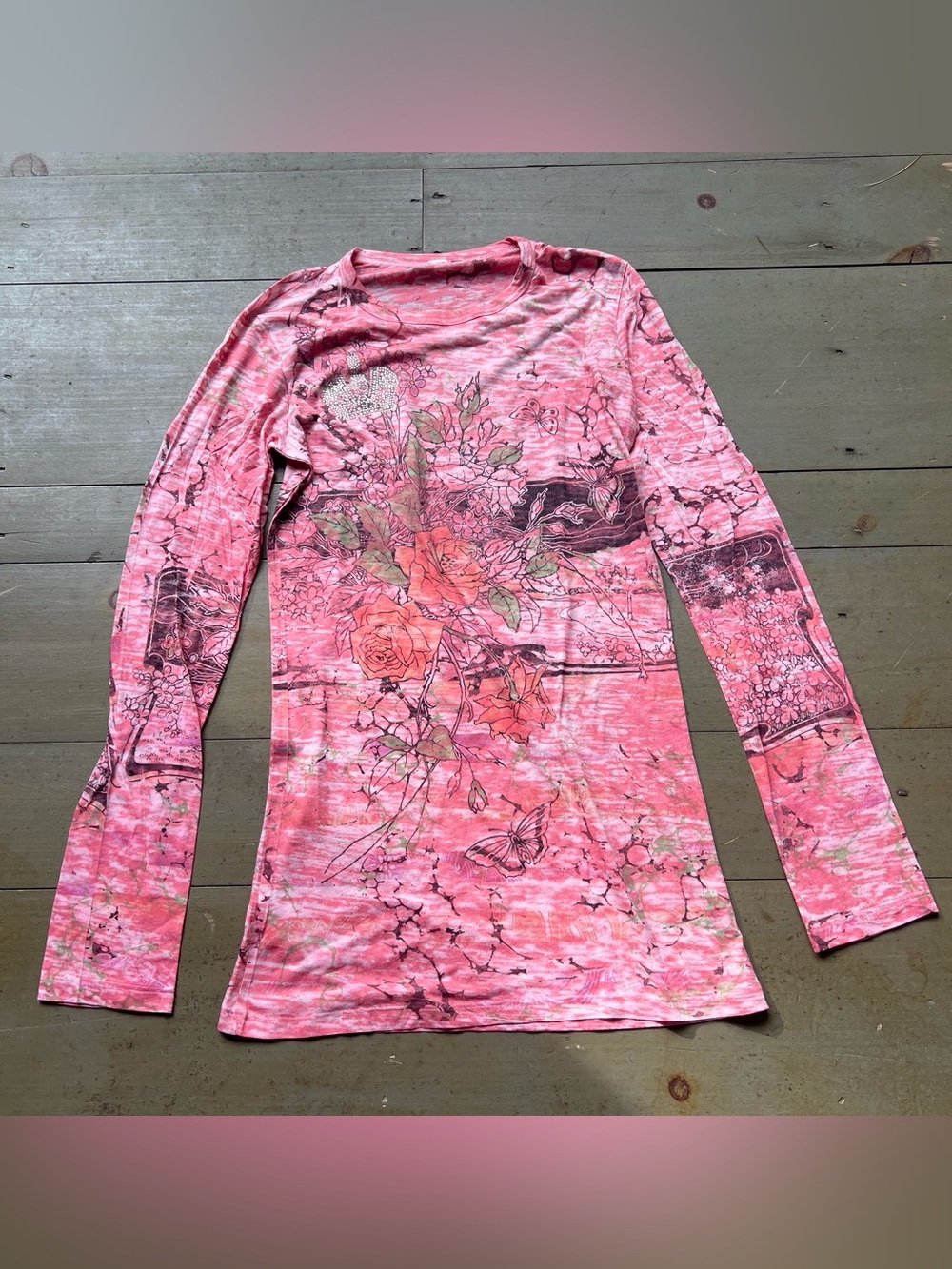 Pink floral Y2K grunge butterfly mcbling long sleeve Rhinestone Shirt Size M